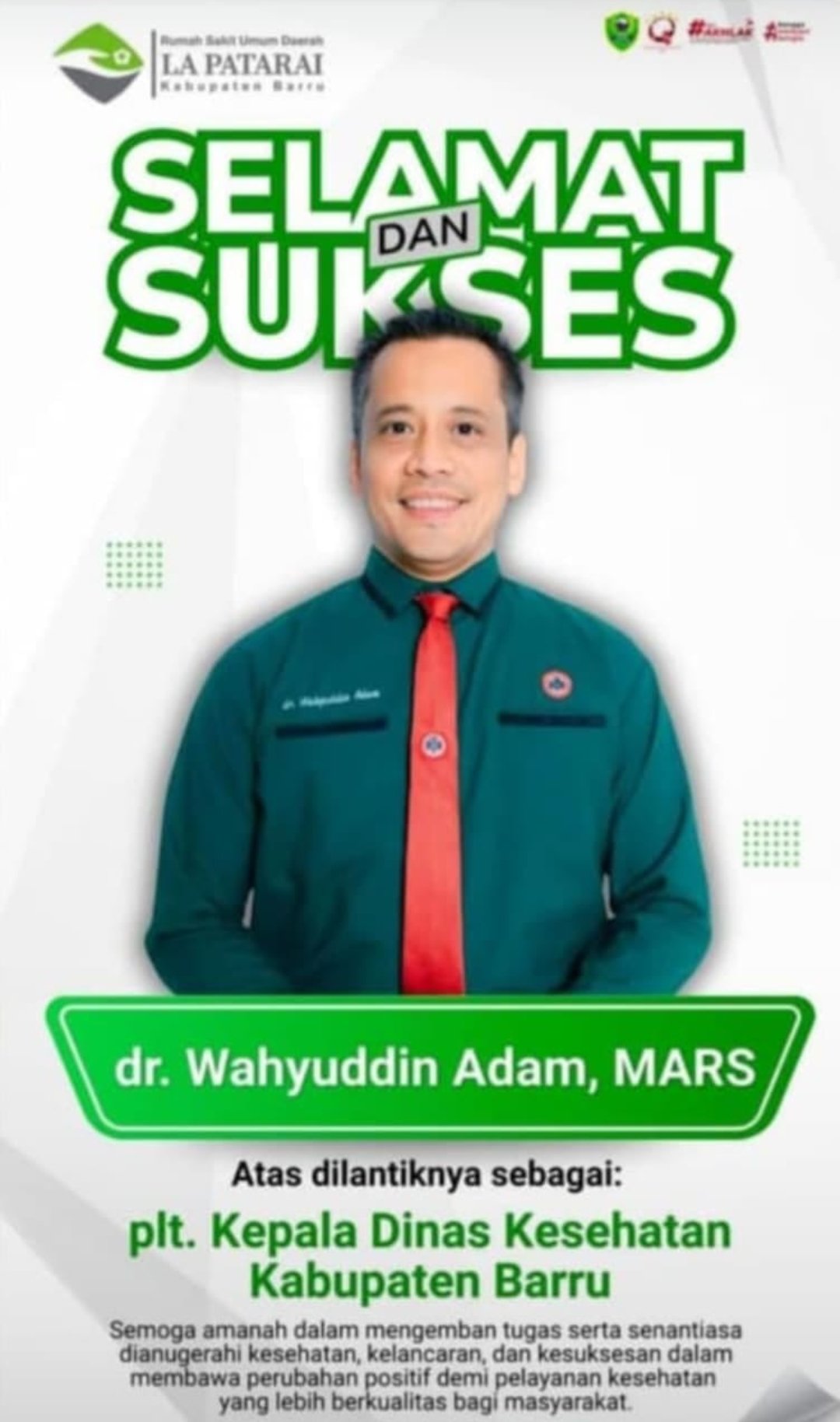 ​dr. Wahyuddin Adam, MARS Resmi Dilantik sebagai Plt. Kepala Dinas Kesehatan Kabupaten Barru